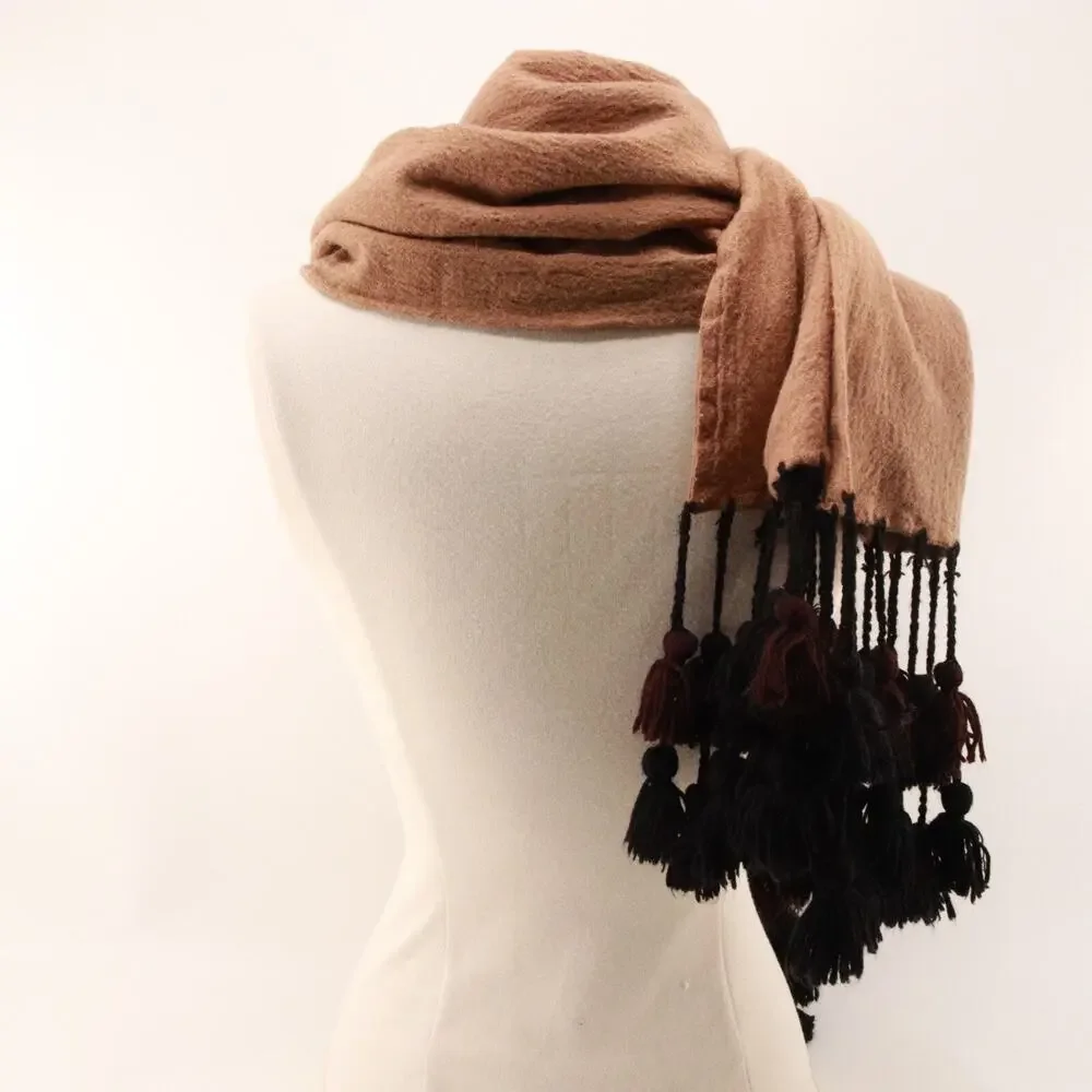 Vintage Paul Martin Worsted Wool Scarf Brown Black Double Layered Tassel Fringe